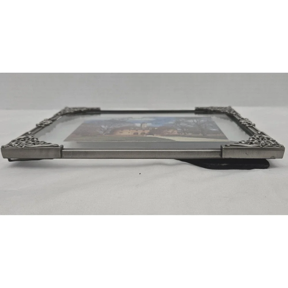 Vtg Pewter Floating Picture Frame 6x8 Glass Ornate Filigree Corner Scroll 2 Side
